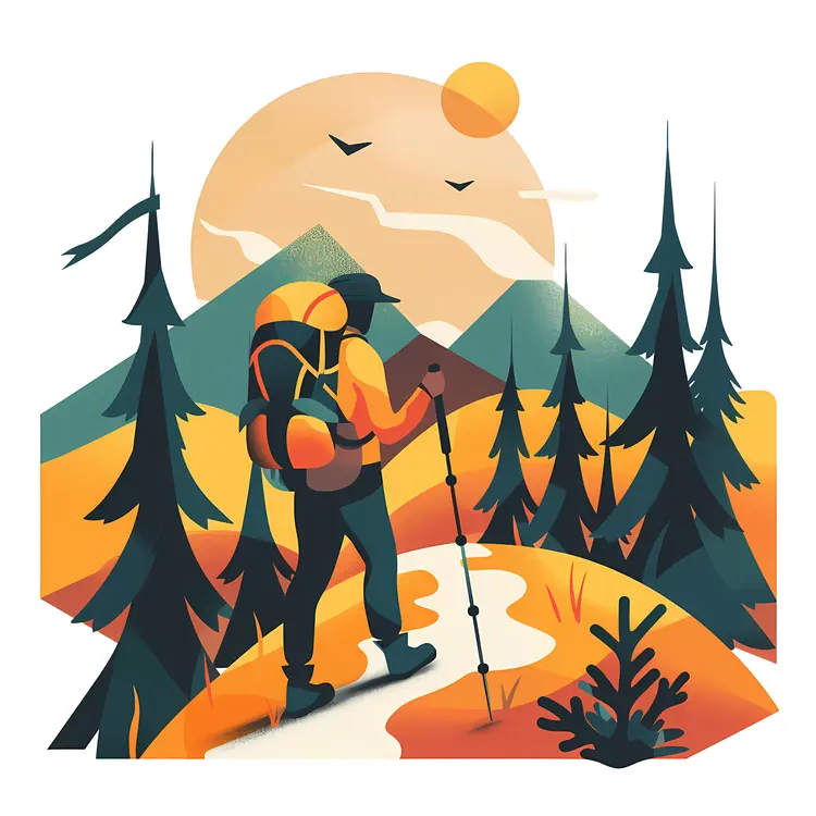 Hiker with Walking Stick in Mountain Landscape