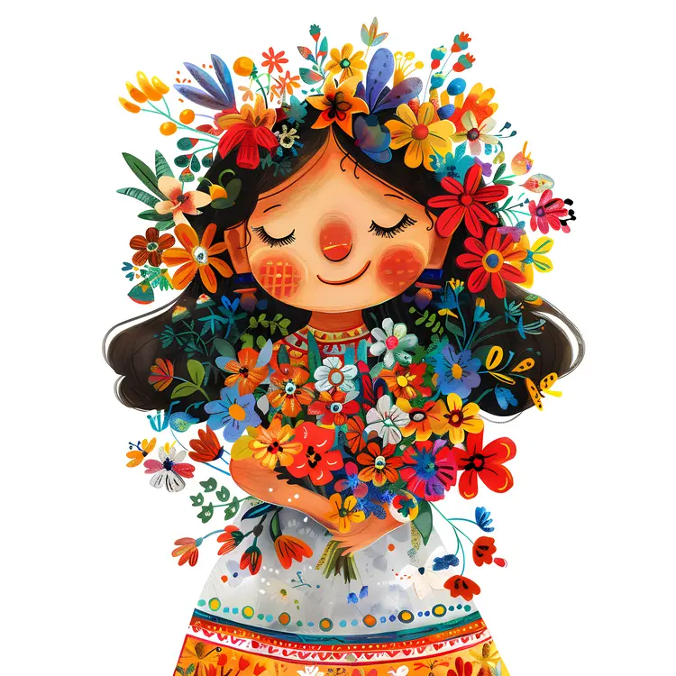 Girl with Flowers Cartoon Illustration