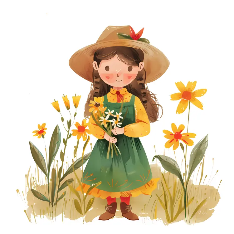 Girl with Green Dress Holding Flowers