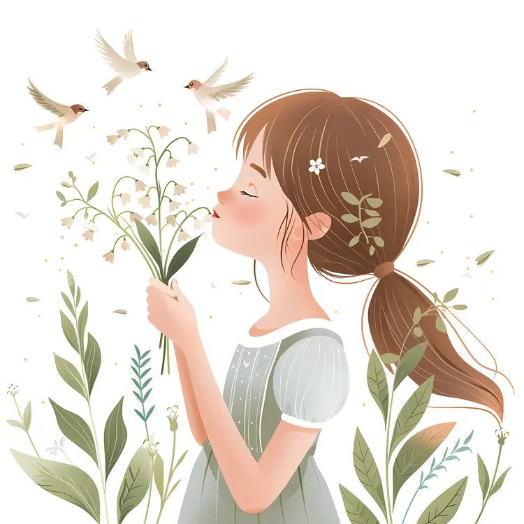 Girl Holding Flowers with Birds