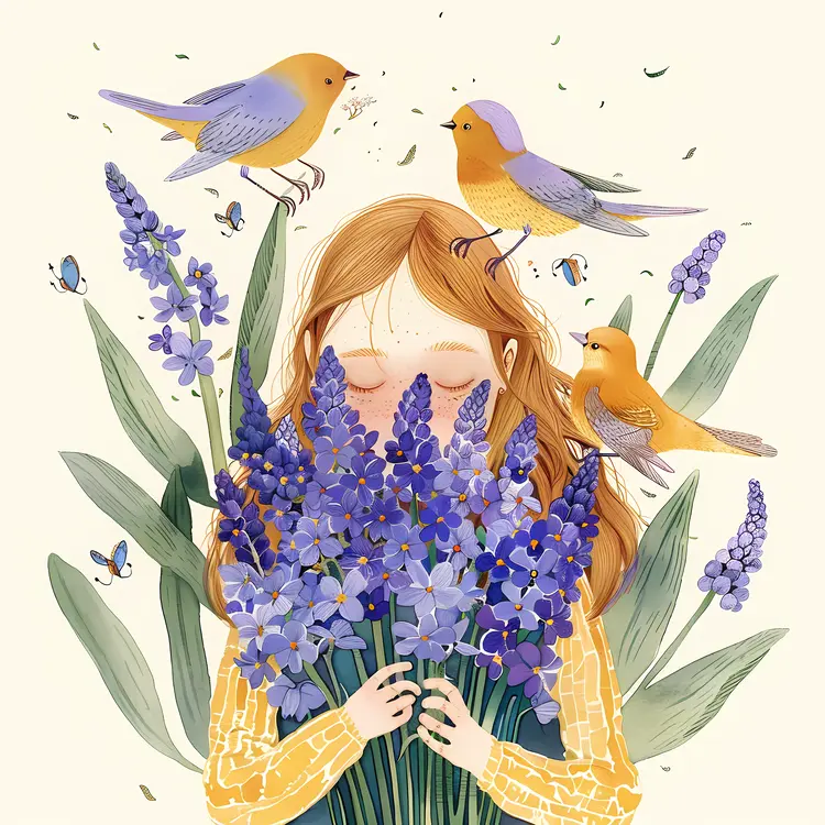Girl with Purple Flowers and Birds