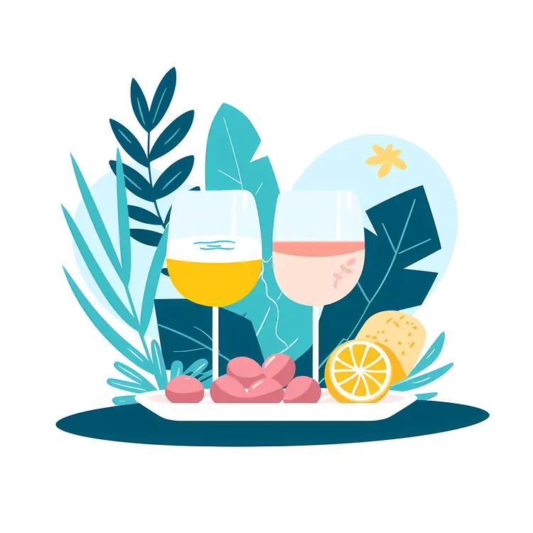 Wine and Grapes with Lemon and Leaves
