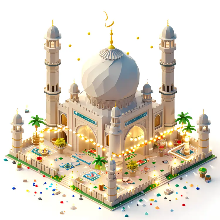 Decorated Mosque with Palm Trees and Festive Lights