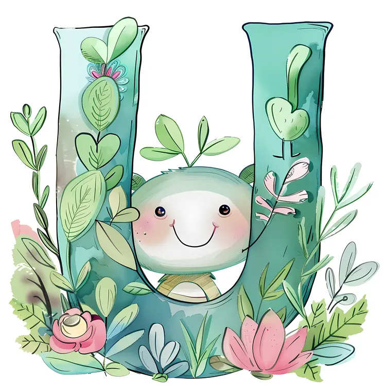 Cute Letter U with Plants and Smiling Face