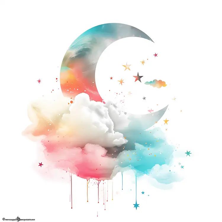 Crescent Moon with Colorful Clouds and Stars