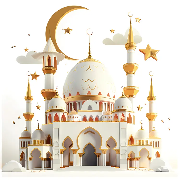 Elegant Mosque with Crescent Moon and Stars