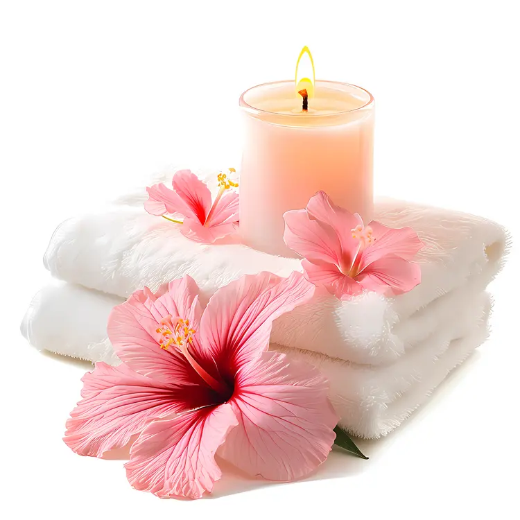 Candle with Pink Hibiscus and Towel for Spa Relaxation