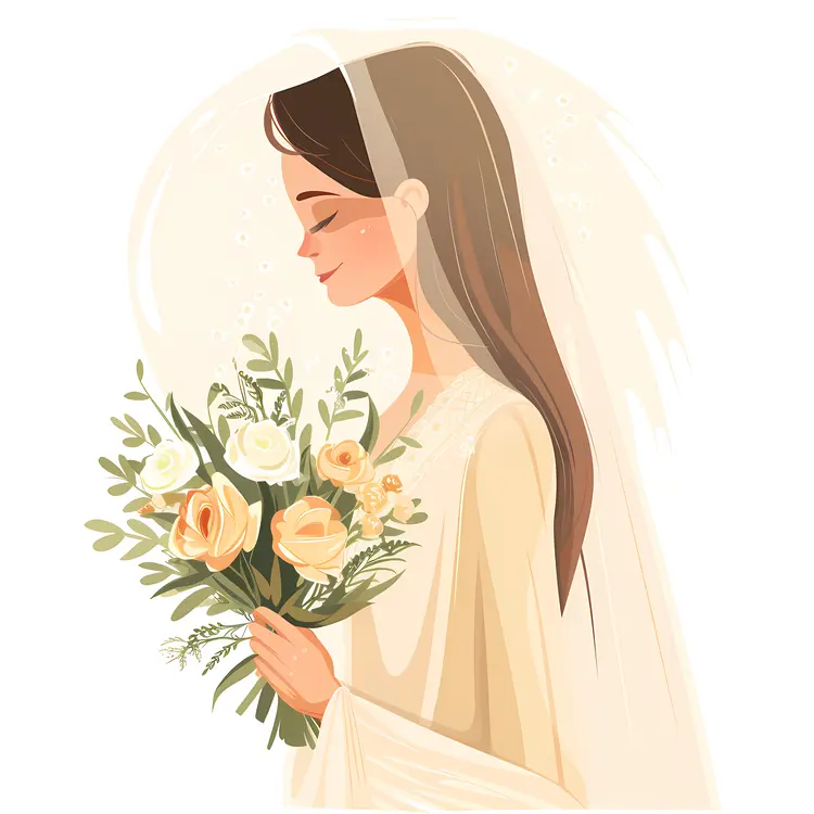 Lovely Cartoon Bride with Floral Bouquet