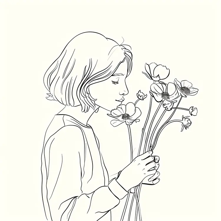 Girl Holding Flowers Line Art