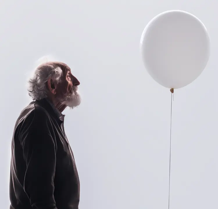 Elderly Man Looking at White Balloon