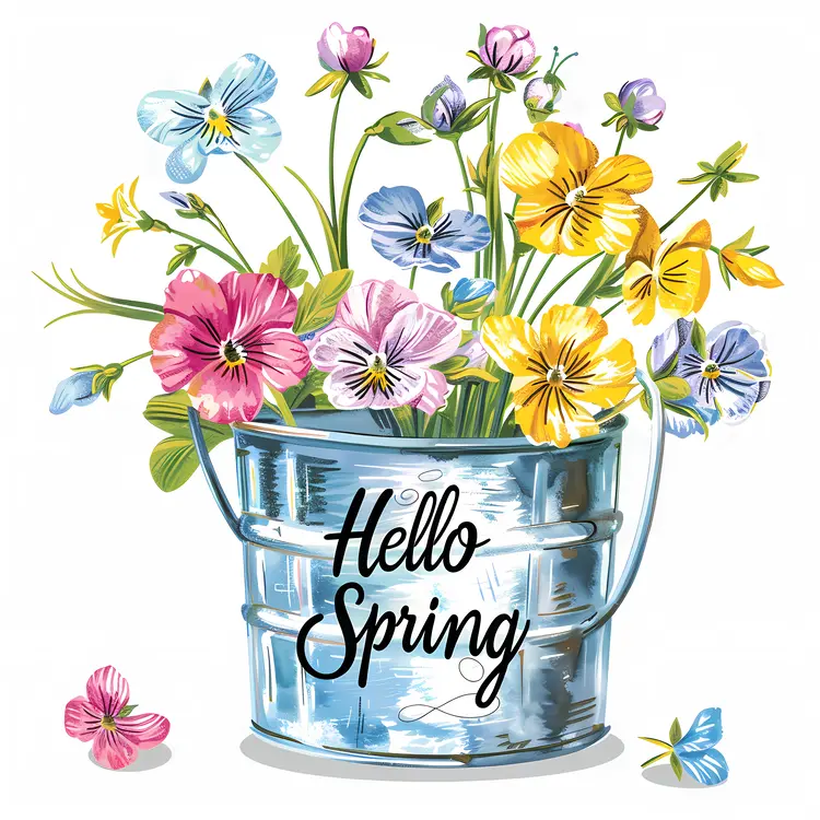 Hello Spring with Flowers in a Bucket
