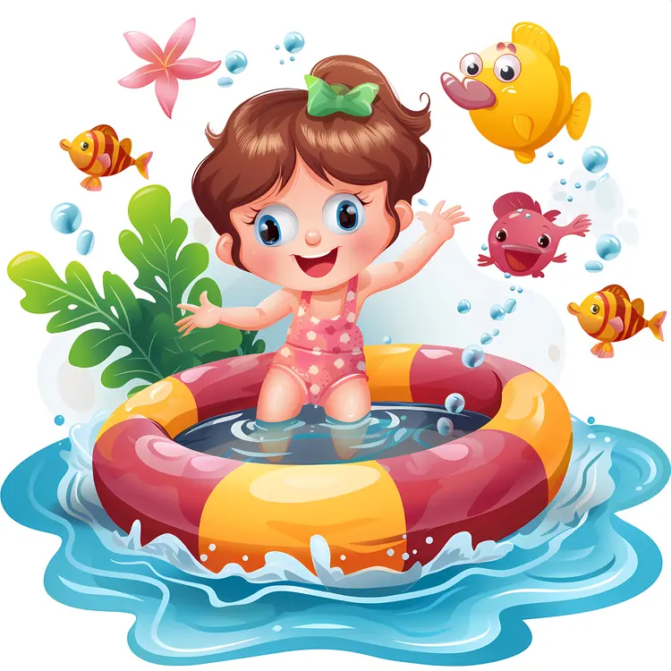 Cute Girl in Pool with Fish Illustration