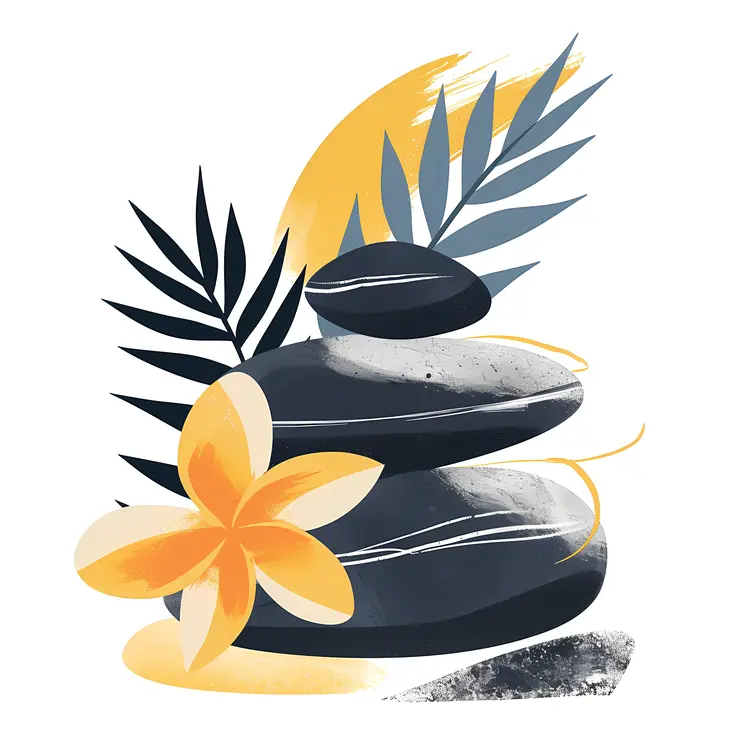 Zen Stacked Stones with Yellow Flower and Leaves