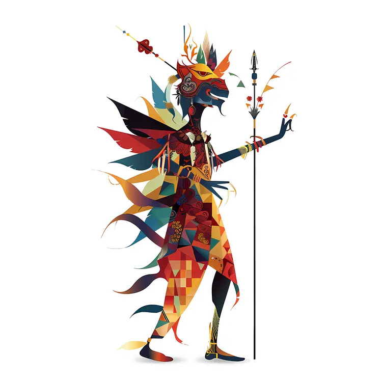 Colorful Tribal Figure with Staff and Feathers