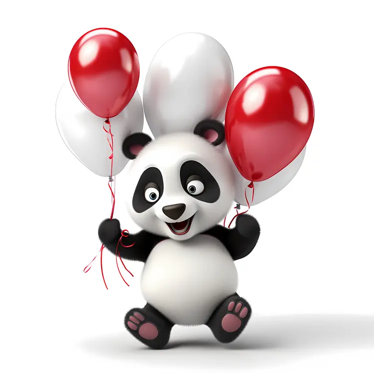 Happy Panda with Red and White Balloons