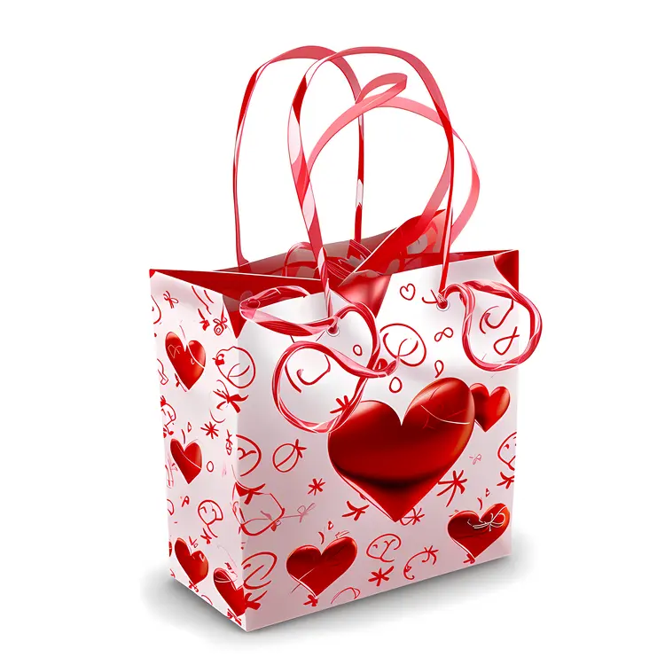 White Gift Bag with Red Hearts and Swirls for Valentine's Day