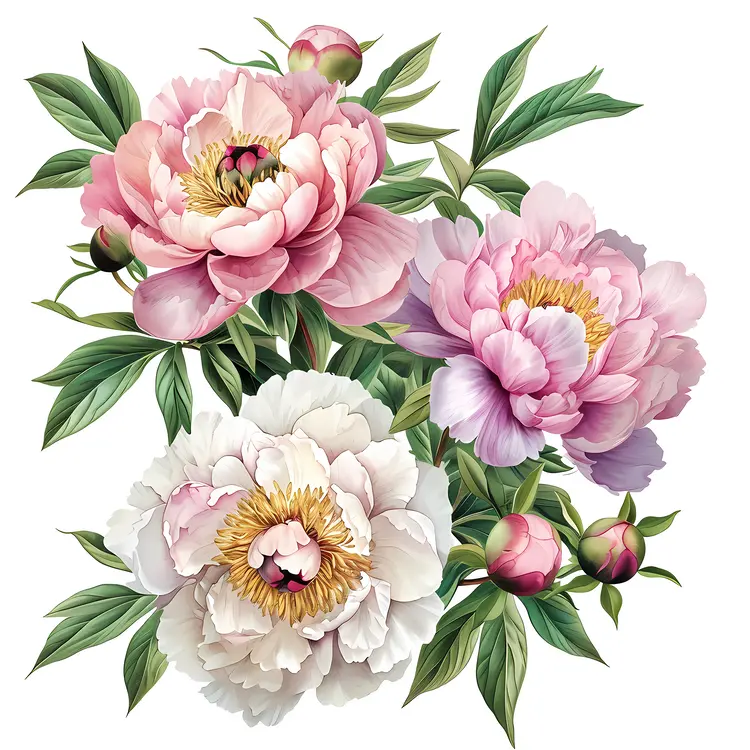 Pink and White Peonies with Green Leaves and Buds