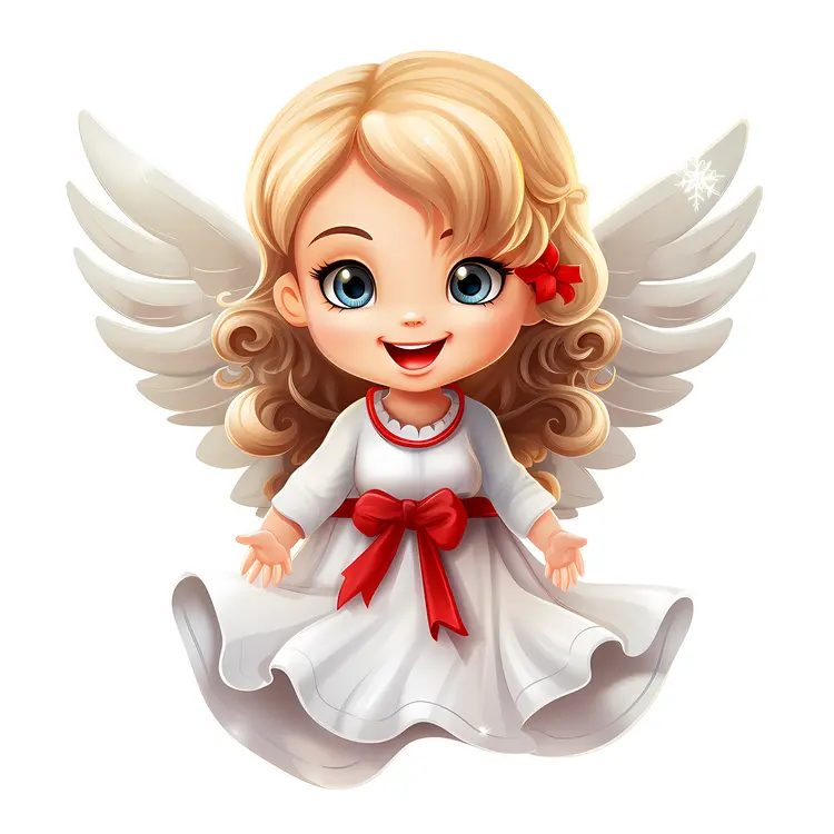 Blonde Angel with Red Bow and Wings