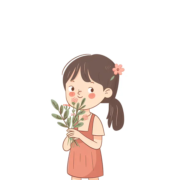 Cute Girl Holding a Small Bouquet of Flowers