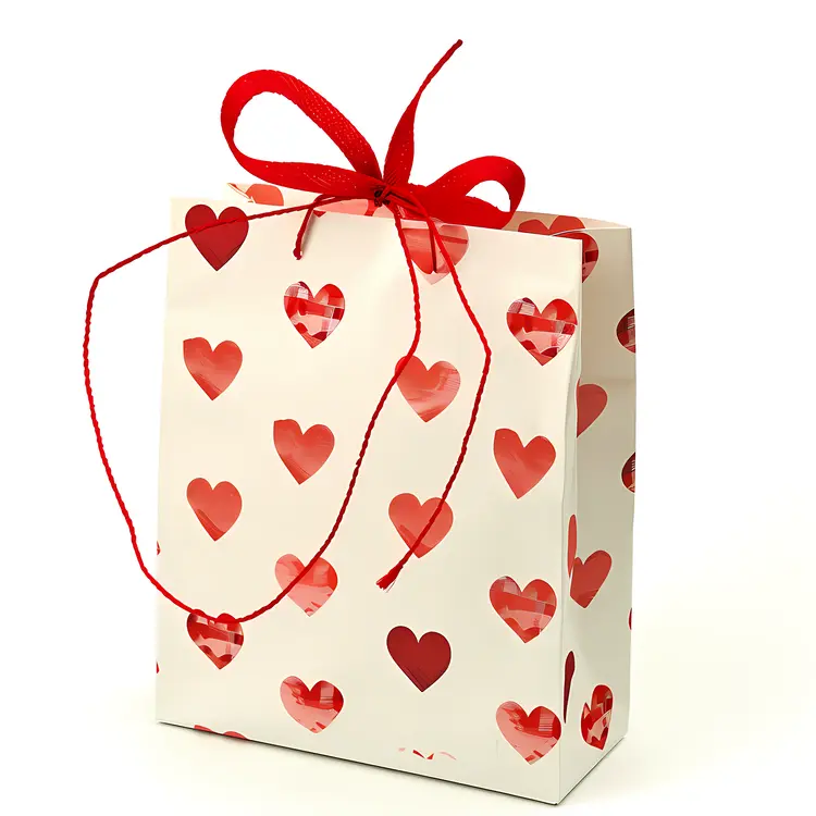 White Gift Bag with Red Heart Cutouts for Valentine's Day