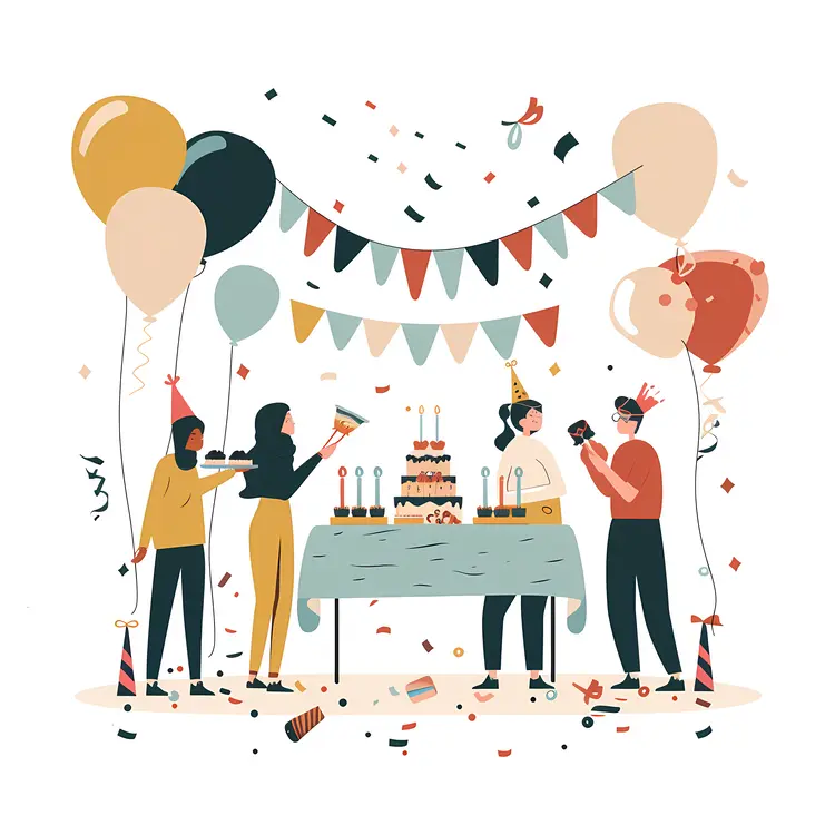 Friends Celebrating Birthday Party with Balloons and Cake