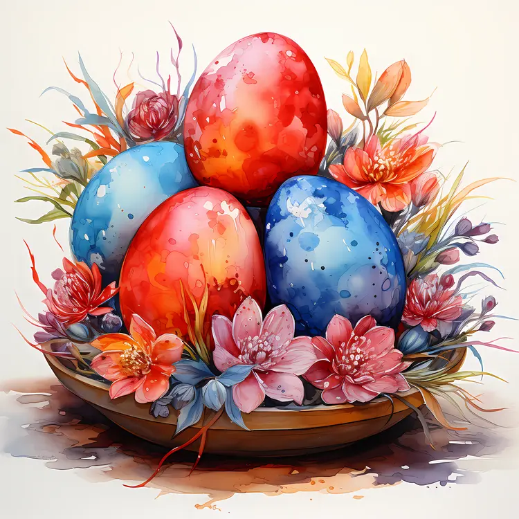 Colorful Easter Eggs in a Floral Basket