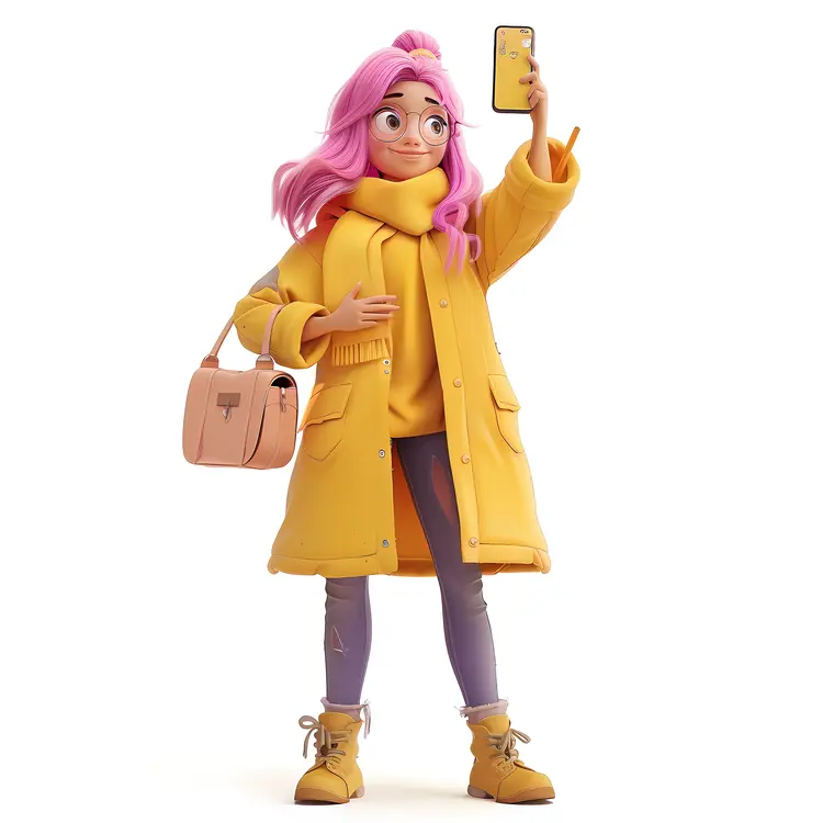 Stylish Girl in Yellow Coat Taking a Selfie