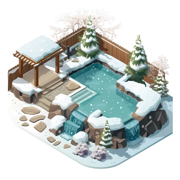 Snowy Hot Spring with Waterfall