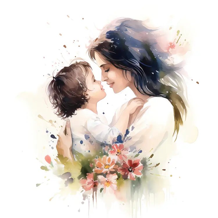 Mother and Child with Watercolor Flowers