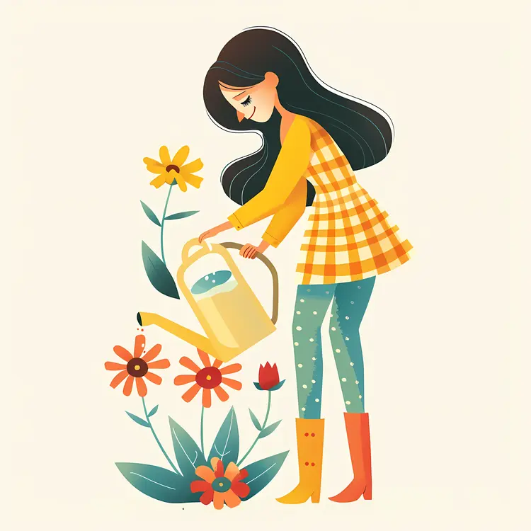 Girl Watering Flowers Illustration
