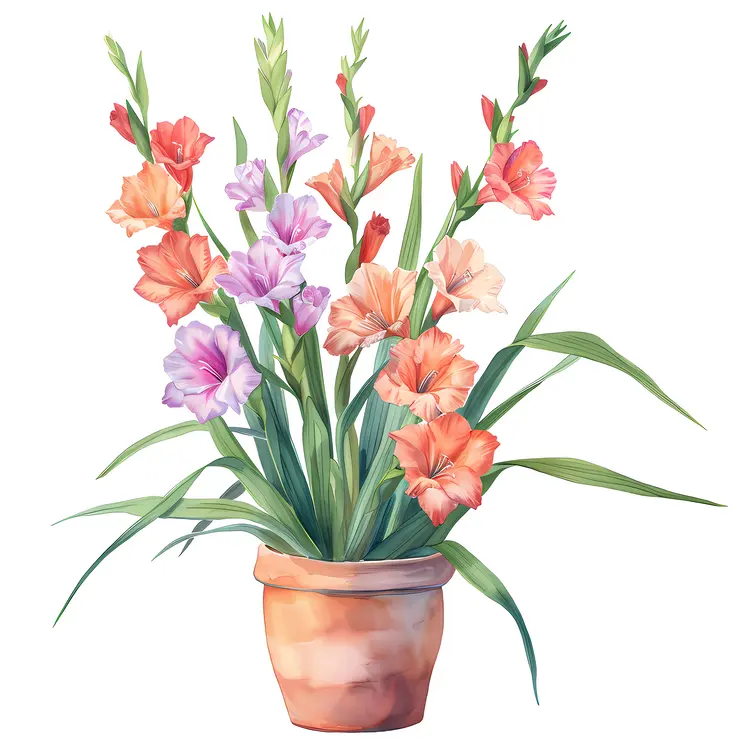Colorful Gladiolus Flowers in a Pot