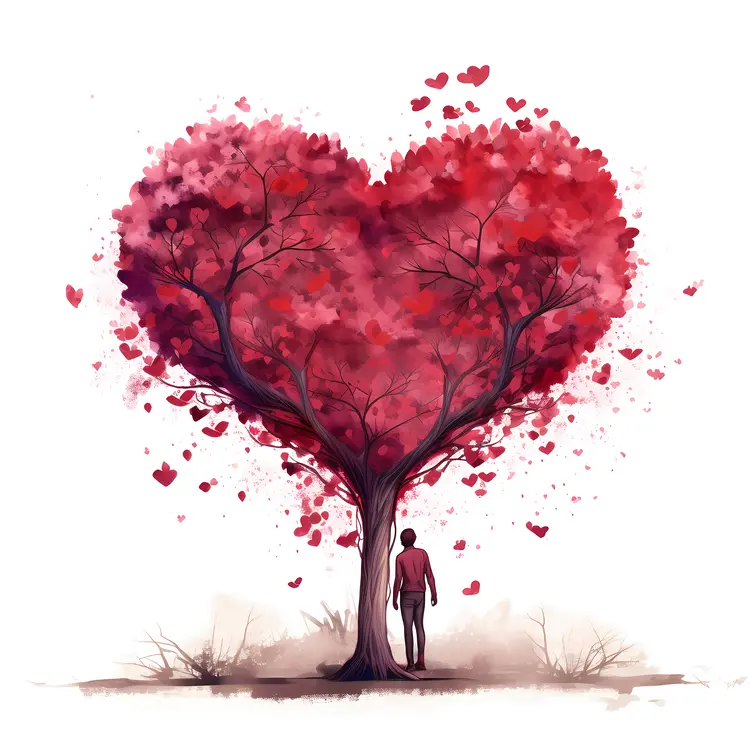 Heart-shaped Tree with Man and Red Leaves