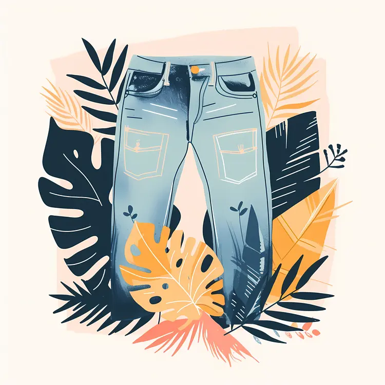 Blue Jeans with Tropical Leaves Illustration