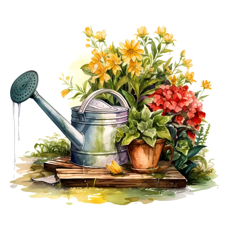 Watering Can with Flowers and Wooden Plank