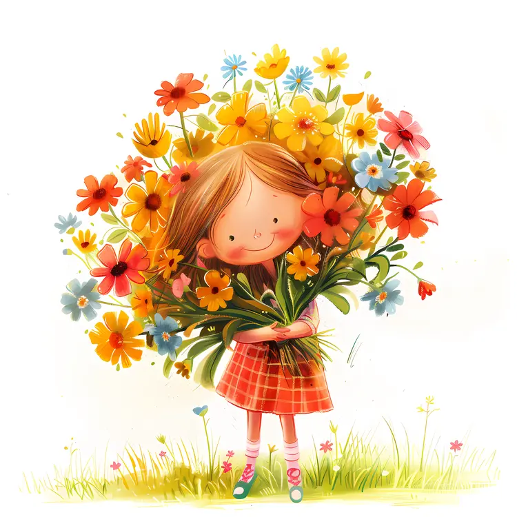 Cute Girl Holding Colorful Flowers Illustration