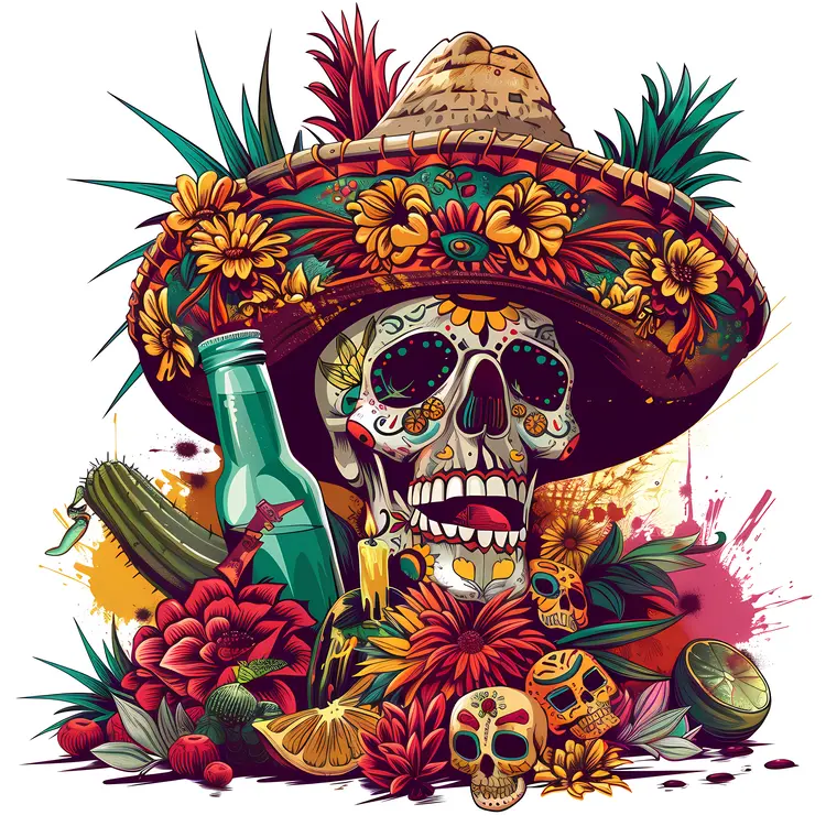 Festive Sugar Skull with Sombrero and Flowers