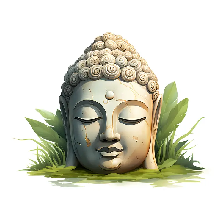 Serene Buddha Head Statue with Greenery
