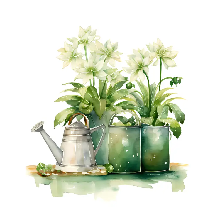 Watering Can with White Flowers