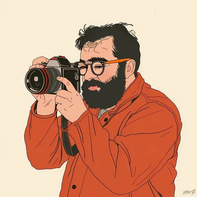 Bearded Man with Camera in Orange Jacket