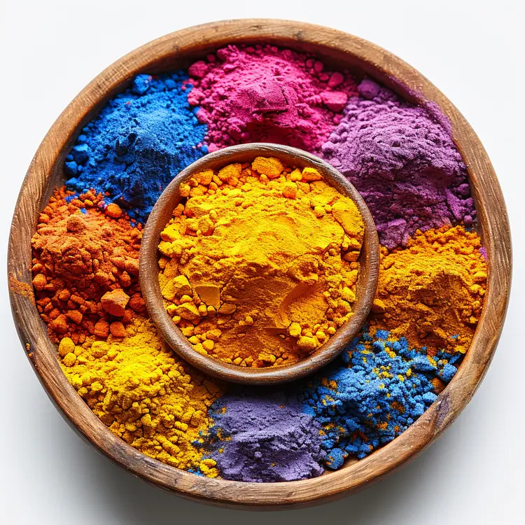 Colorful Pigments in Wooden Bowl
