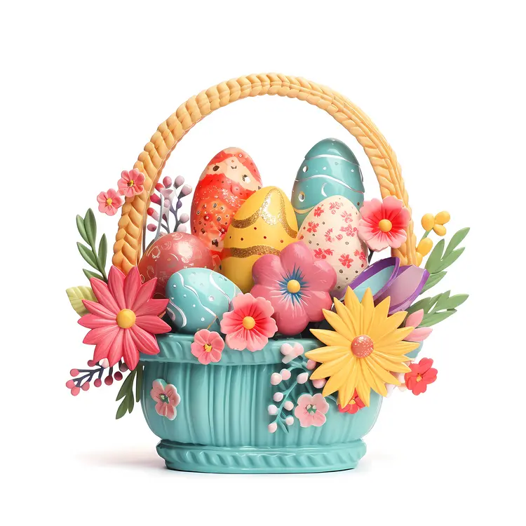Colorful Easter Eggs in a Basket with Flowers