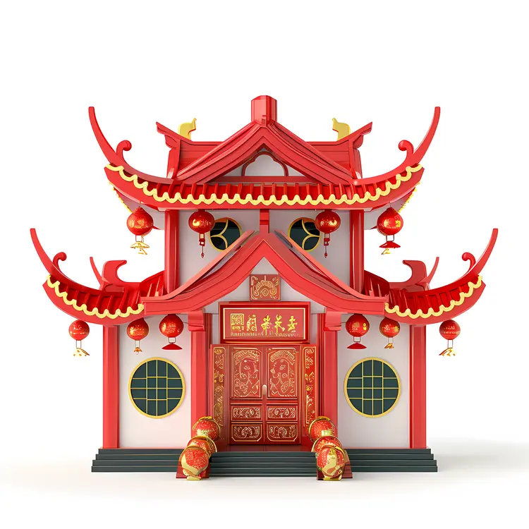 Red Chinese House with Golden Details and Lanterns