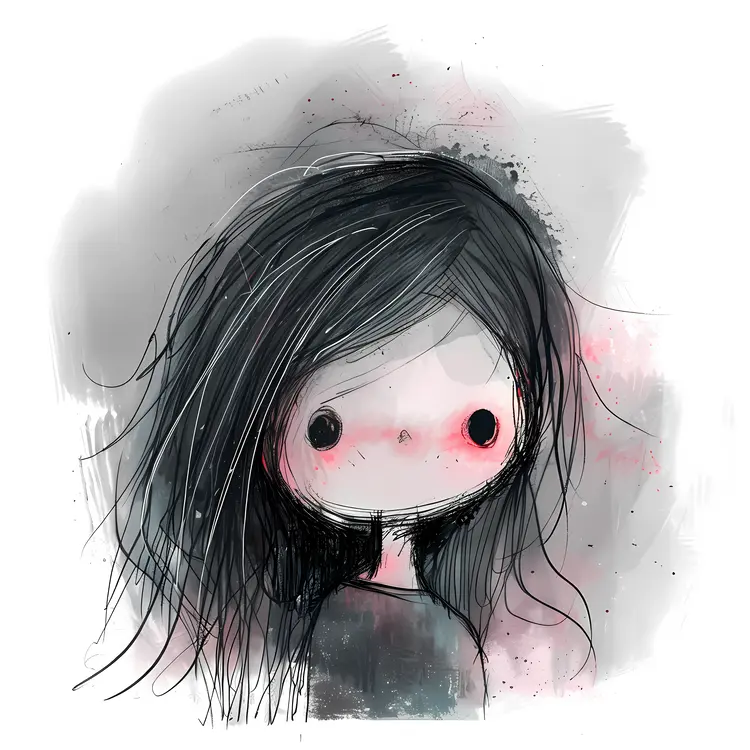 Sad Black-Haired Cartoon Girl