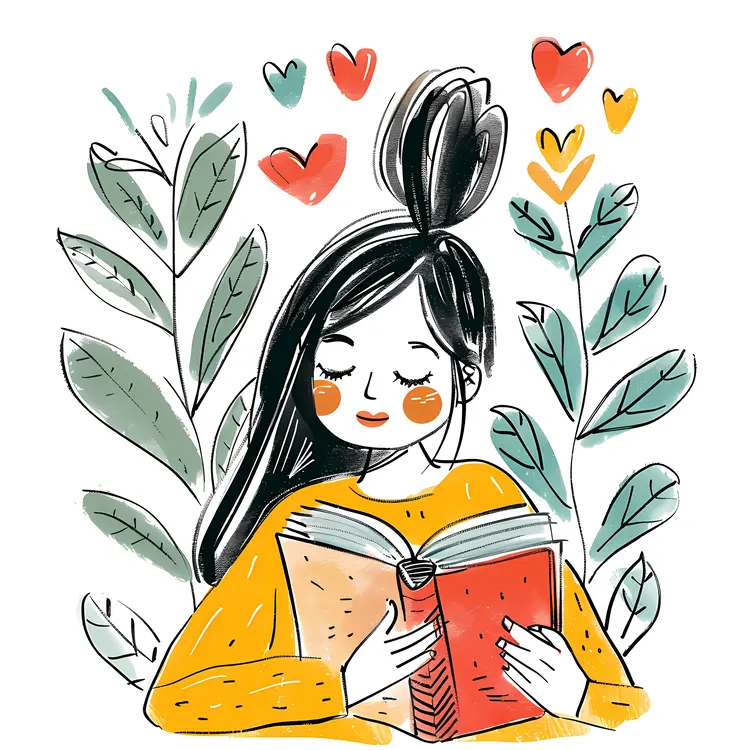 Cute Girl Reading Book with Hearts and Leaves