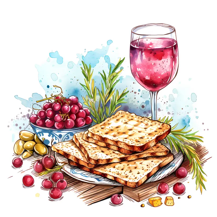 Passover Meal with Matzah, Wine, and Grapes