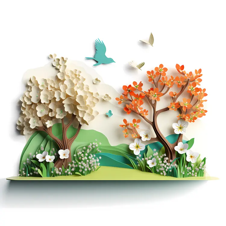 Colorful Trees with Flowers and Butterflies