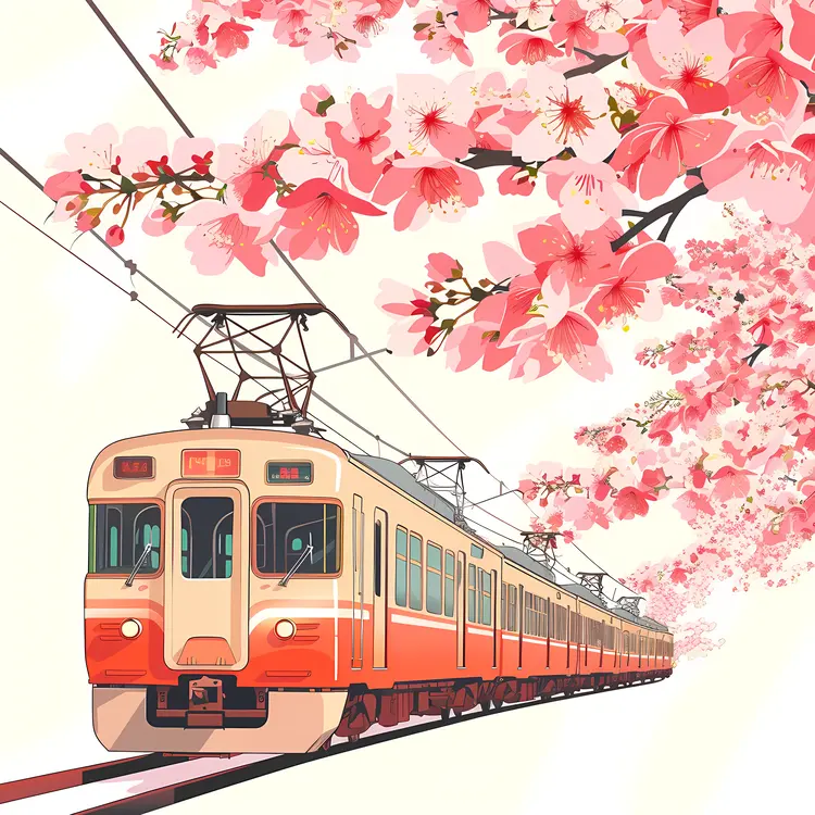 Modern Train Passing Through Cherry Blossoms