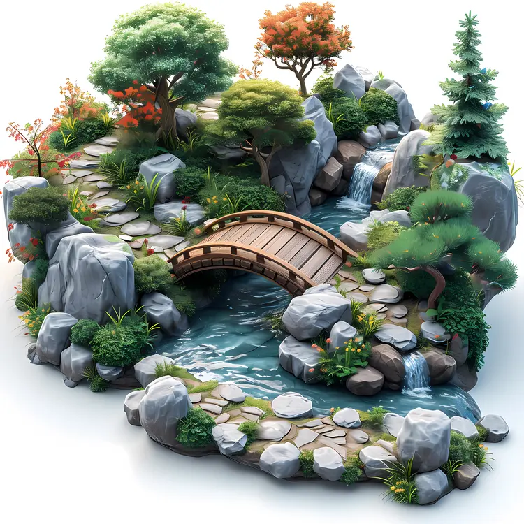 Tranquil Japanese Garden with Wooden Bridge