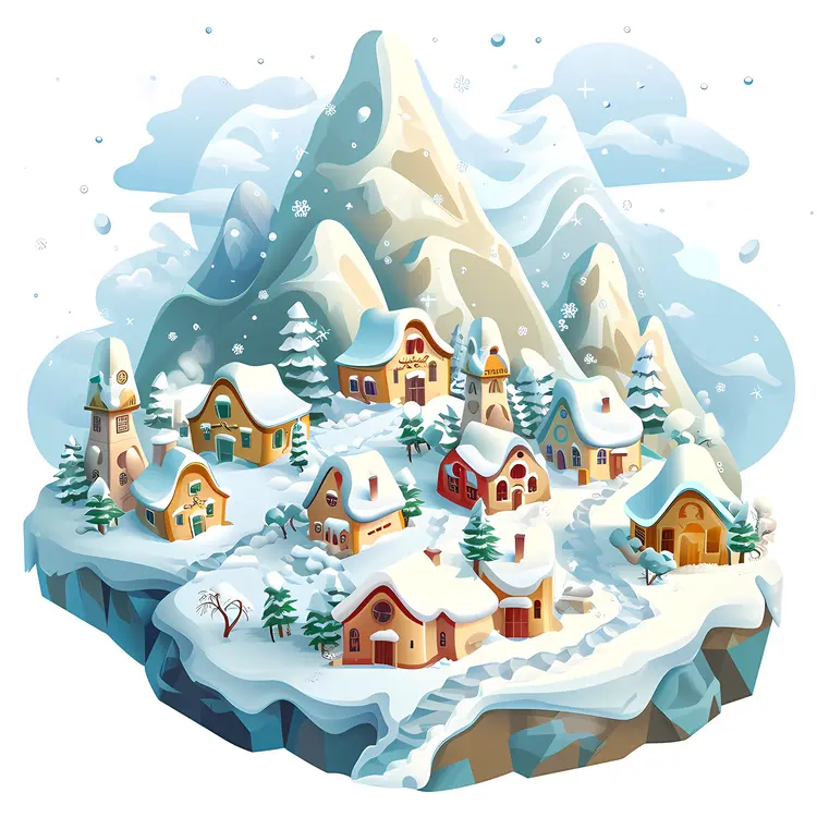 Snowy Village with Mountains