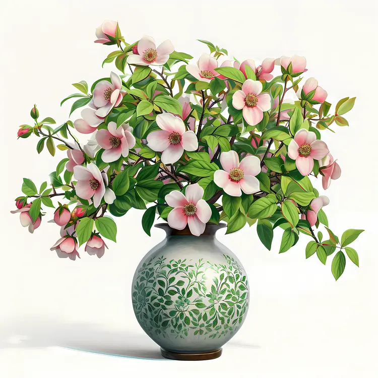 Lush Pink Flowers in a Green Patterned Vase